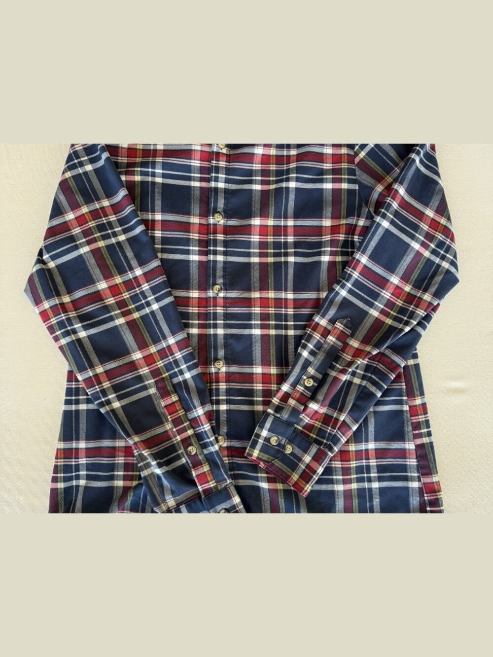 Mizzen+Main Flannel Shirt Navy Red Plaid Large Trim Fit